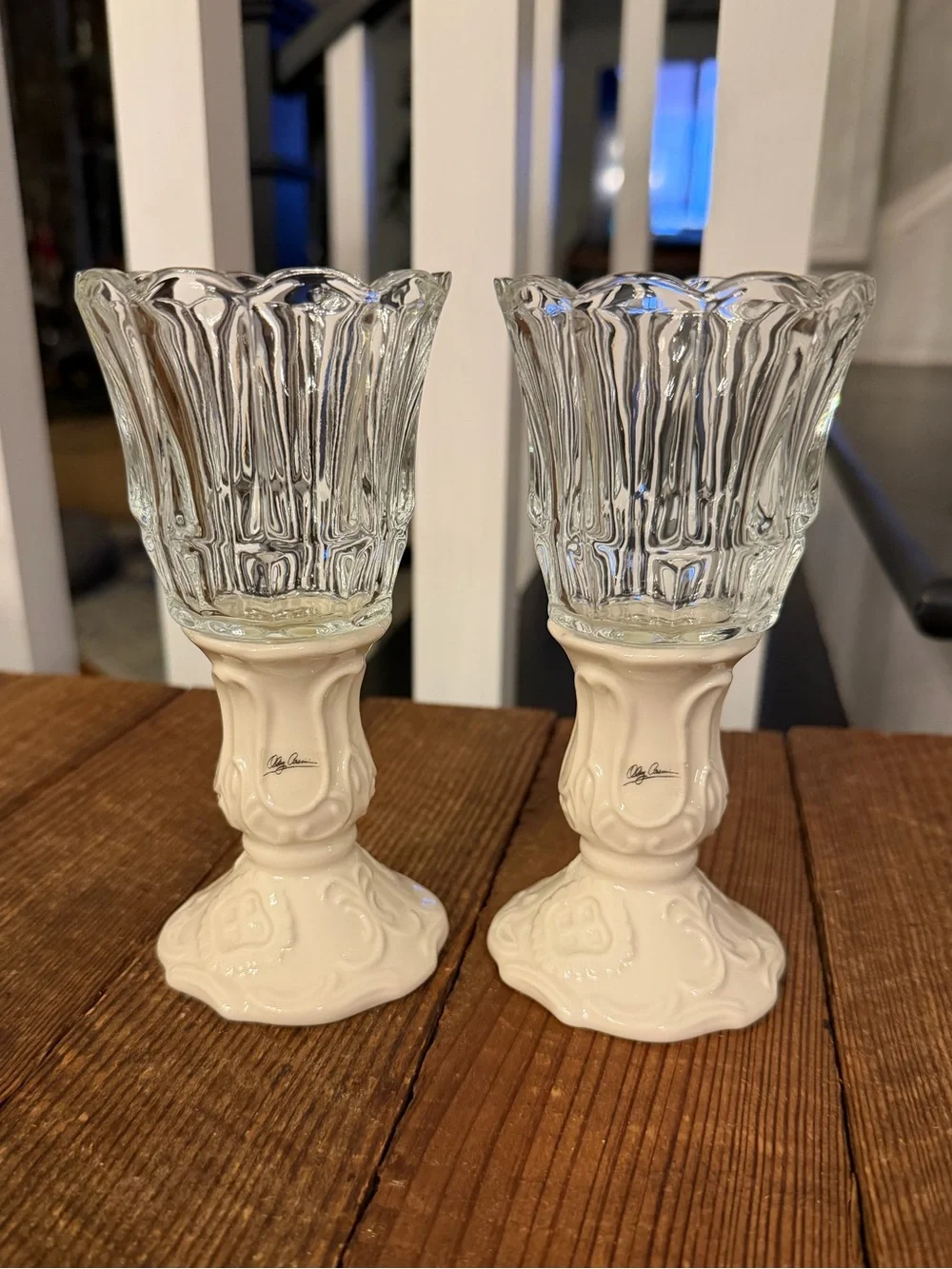 Vintage Oleg Cassini Elegant Cream and Glass Taper or Votive Candle Holders